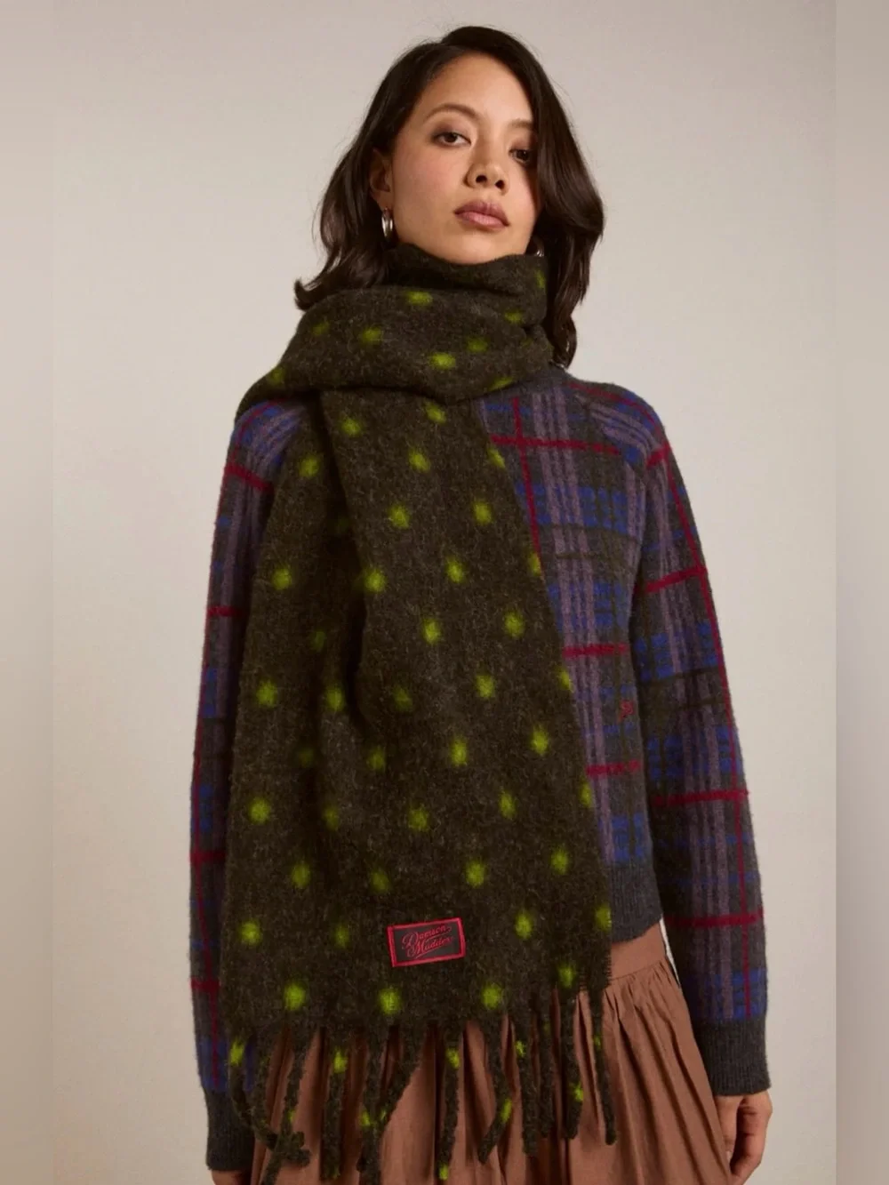 Damson Madder Logo Dotted Fluffy Wrap Scarf in Dark Green